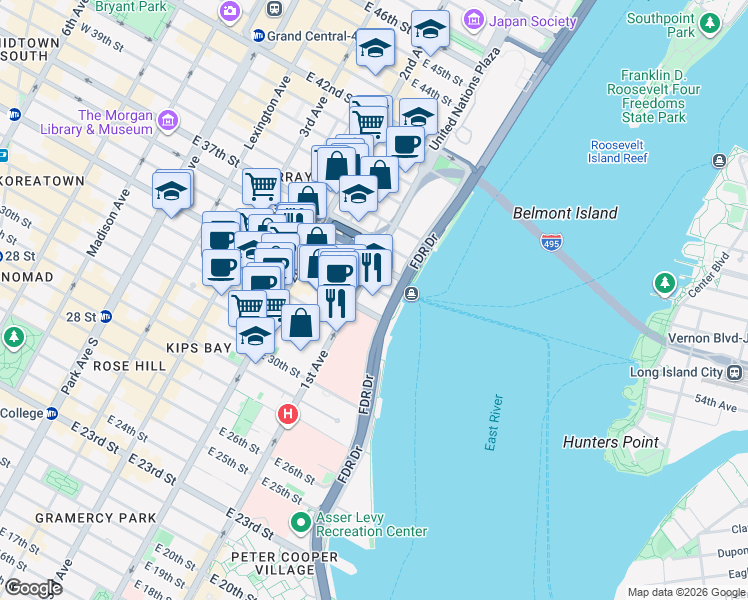 map of restaurants, bars, coffee shops, grocery stores, and more near 401 East 34th Street in New York