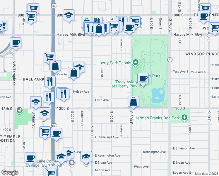 map of restaurants, bars, coffee shops, grocery stores, and more near 1150 South 400 East in Salt Lake City