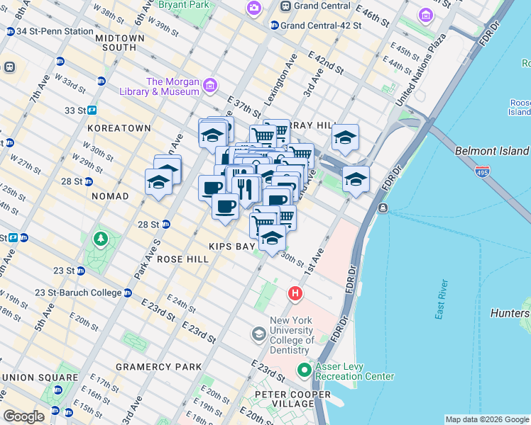 map of restaurants, bars, coffee shops, grocery stores, and more near in New York