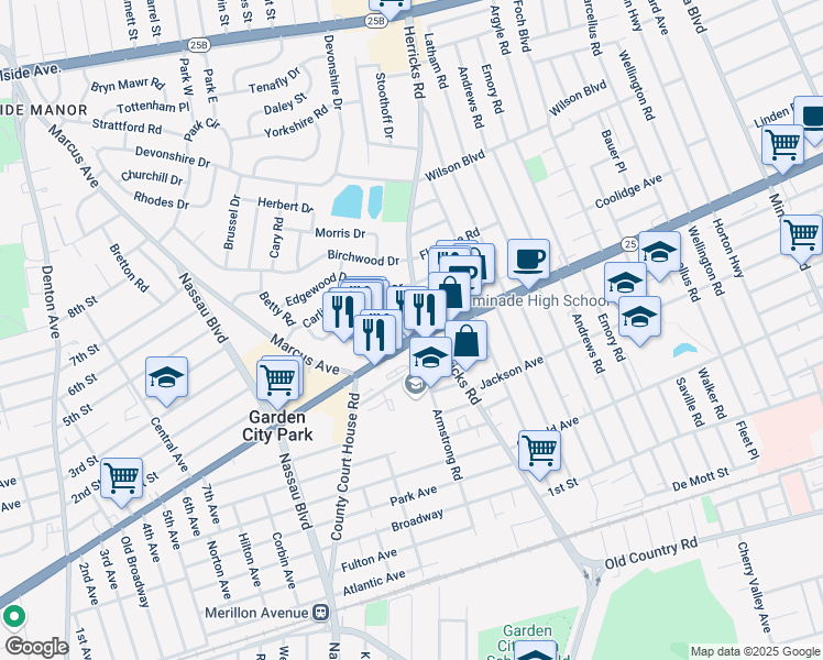 map of restaurants, bars, coffee shops, grocery stores, and more near 2499 Jericho Turnpike in Garden City Park