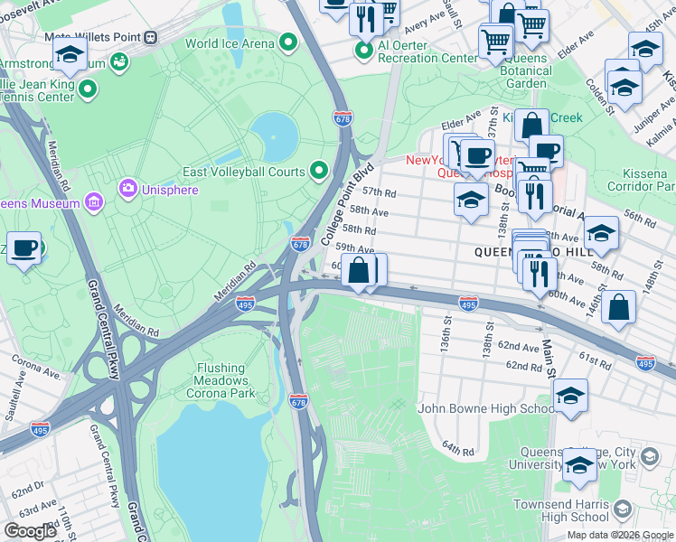 map of restaurants, bars, coffee shops, grocery stores, and more near 130-28 59th Avenue in Queens