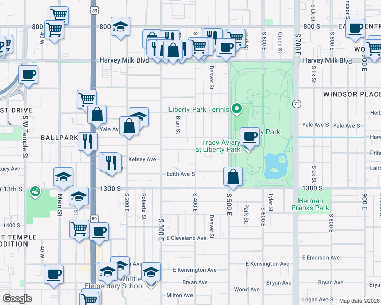 map of restaurants, bars, coffee shops, grocery stores, and more near 1150 South 400 East in Salt Lake City