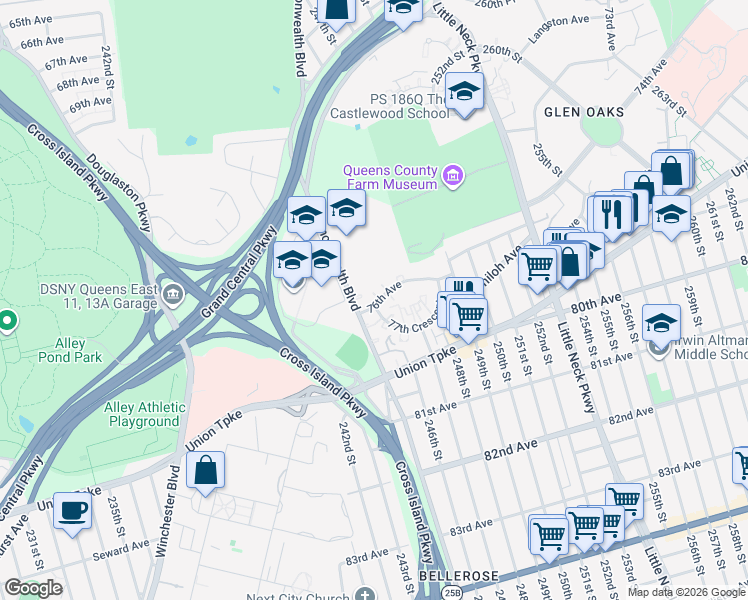 map of restaurants, bars, coffee shops, grocery stores, and more near 245-43 76th Avenue in Queens
