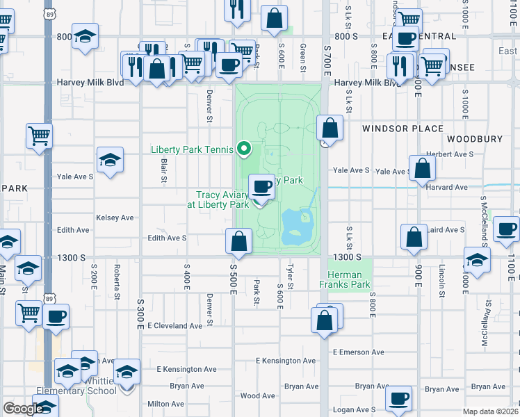 map of restaurants, bars, coffee shops, grocery stores, and more near 589 East 1300 South in Salt Lake City
