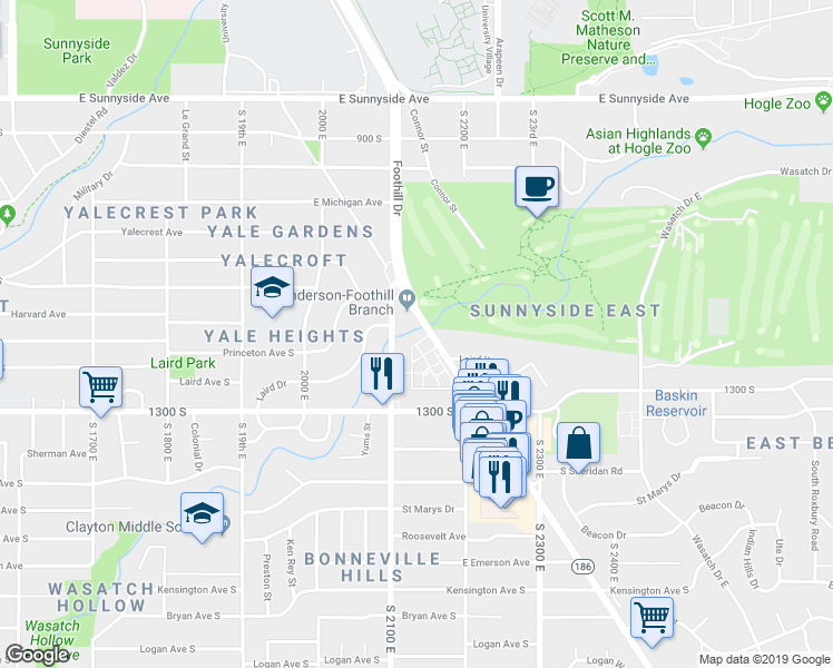 map of restaurants, bars, coffee shops, grocery stores, and more near 1156 Utah 186 in Salt Lake City