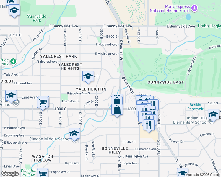 map of restaurants, bars, coffee shops, grocery stores, and more near 2040 Princeton Avenue South in Salt Lake City