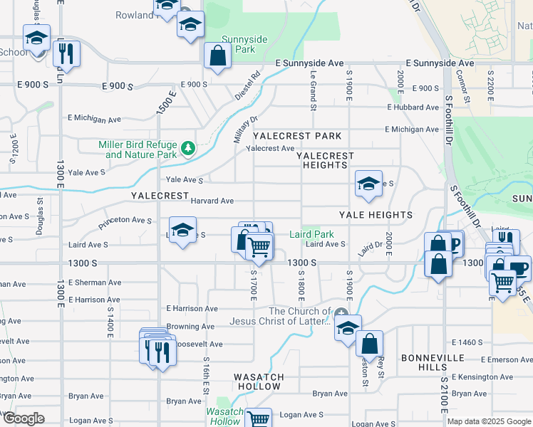 map of restaurants, bars, coffee shops, grocery stores, and more near 1723 Harvard Avenue in Salt Lake City