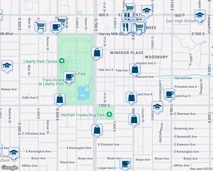 map of restaurants, bars, coffee shops, grocery stores, and more near 1124 Lake Street in Salt Lake City