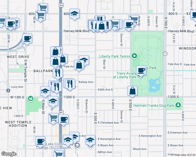 map of restaurants, bars, coffee shops, grocery stores, and more near 1123 South 300 East in Salt Lake City