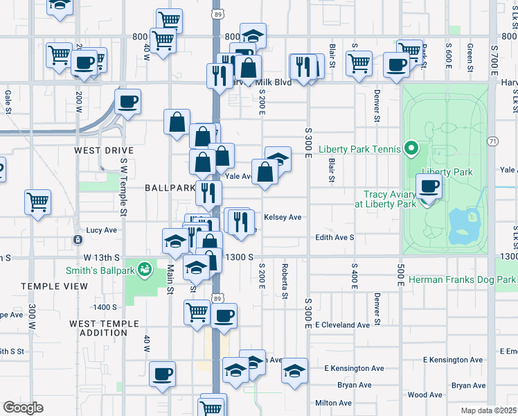 map of restaurants, bars, coffee shops, grocery stores, and more near 205 Hampton Avenue South in Salt Lake City