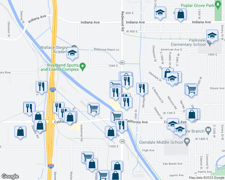 map of restaurants, bars, coffee shops, grocery stores, and more near 1146 South Redwood Drive in Salt Lake City