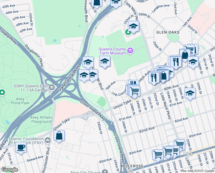 map of restaurants, bars, coffee shops, grocery stores, and more near 245-43 76th Avenue in Queens