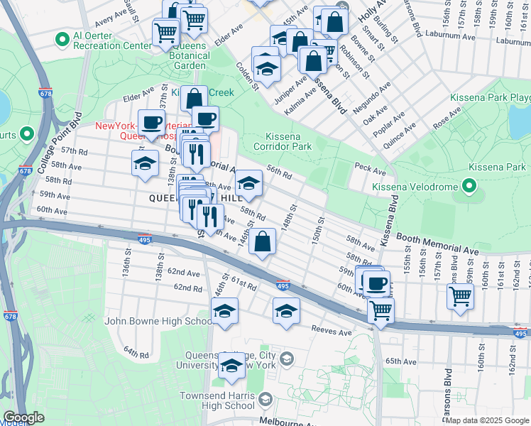 map of restaurants, bars, coffee shops, grocery stores, and more near 146-17 58th Avenue in Queens