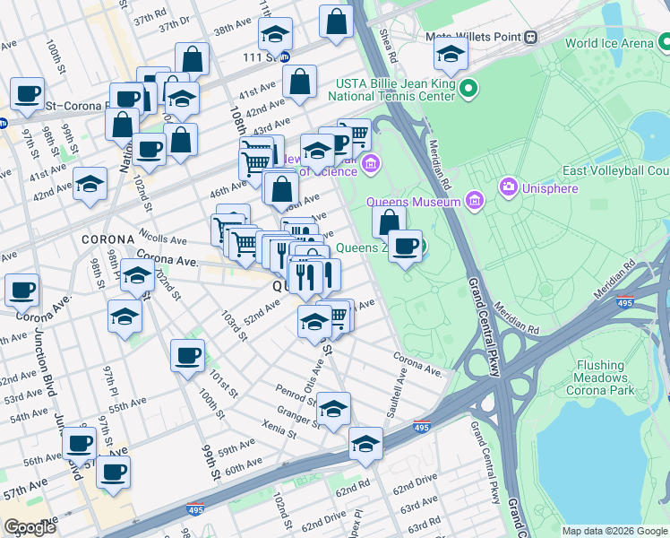 map of restaurants, bars, coffee shops, grocery stores, and more near 108-37 51st Avenue in Queens