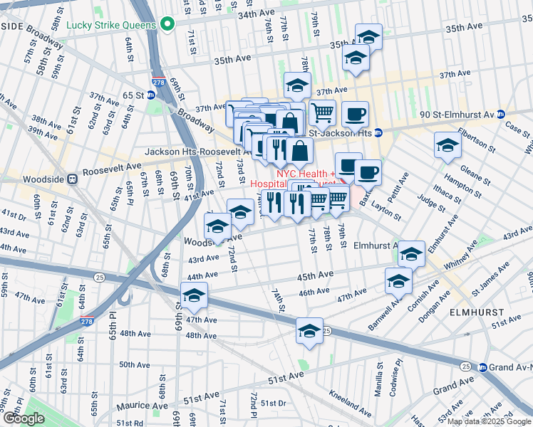 map of restaurants, bars, coffee shops, grocery stores, and more near 41-25 75th Street in Queens