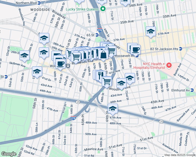 map of restaurants, bars, coffee shops, grocery stores, and more near 67-2 41st Avenue in Queens