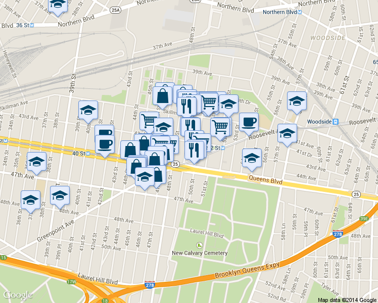 map of restaurants, bars, coffee shops, grocery stores, and more near 49-2 43rd Avenue in Queens