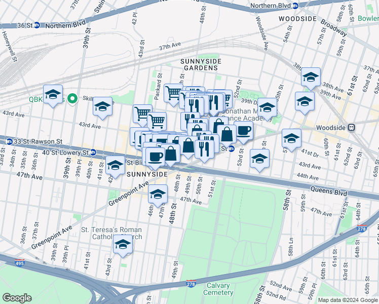 map of restaurants, bars, coffee shops, grocery stores, and more near 49-2 43rd Avenue in Queens