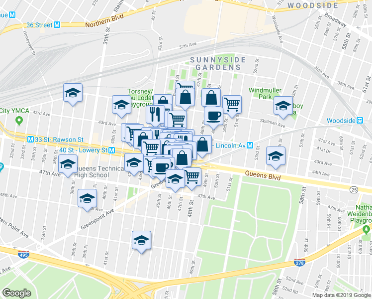 map of restaurants, bars, coffee shops, grocery stores, and more near 46-16 43rd Avenue in Queens