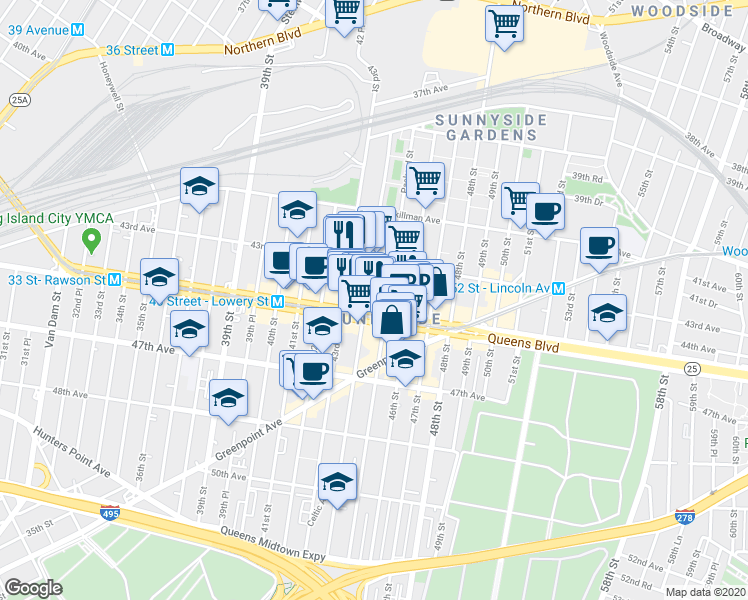 map of restaurants, bars, coffee shops, grocery stores, and more near in Queens