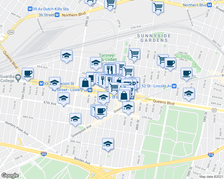 map of restaurants, bars, coffee shops, grocery stores, and more near 43-24 43rd Street in Queens