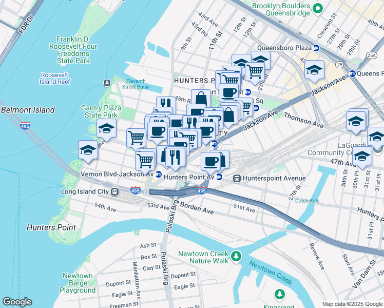 map of restaurants, bars, coffee shops, grocery stores, and more near in Queens