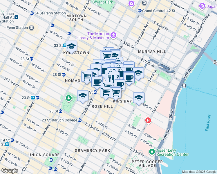 map of restaurants, bars, coffee shops, grocery stores, and more near 114 East 32nd Street in New York