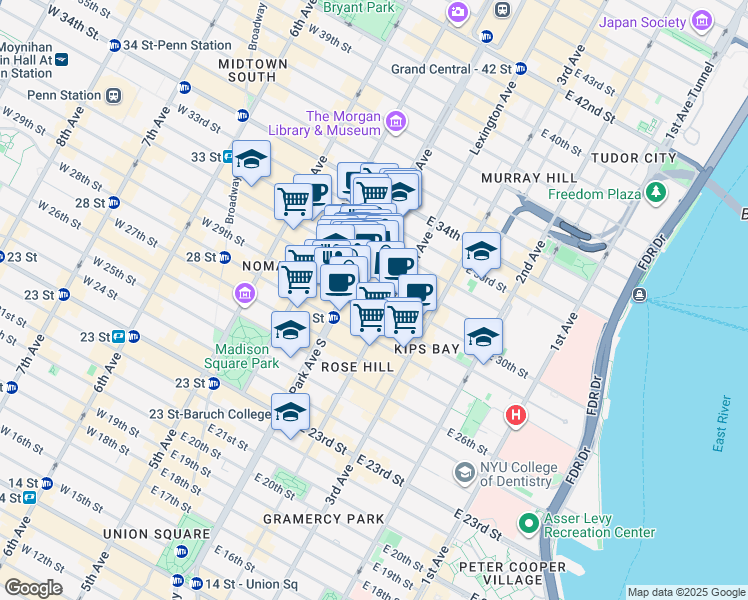 map of restaurants, bars, coffee shops, grocery stores, and more near in New York
