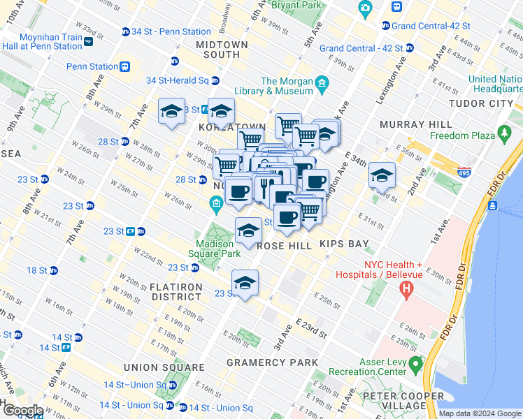 map of restaurants, bars, coffee shops, grocery stores, and more near 79 Madison Avenue in New York
