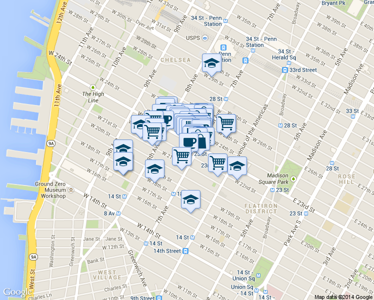 map of restaurants, bars, coffee shops, grocery stores, and more near 213 West 23rd Street in New York