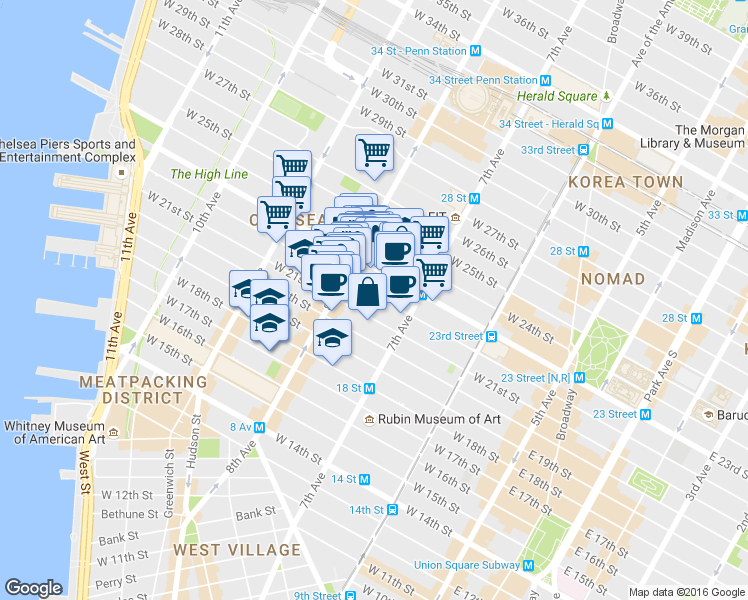 map of restaurants, bars, coffee shops, grocery stores, and more near 240 West 22nd Street in New York