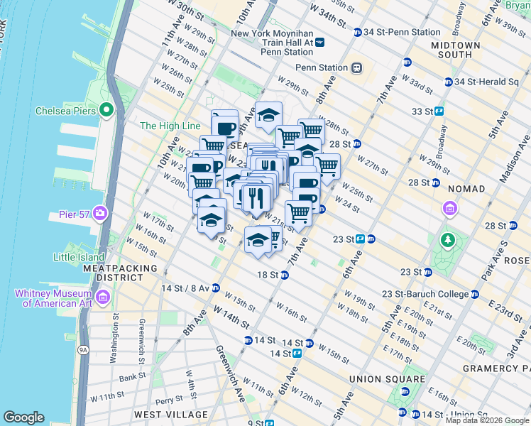 map of restaurants, bars, coffee shops, grocery stores, and more near 219 8th Avenue in New York