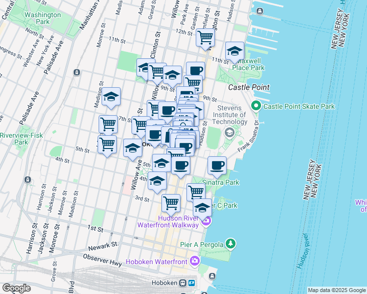 map of restaurants, bars, coffee shops, grocery stores, and more near 631 Bloomfield Street in Hoboken