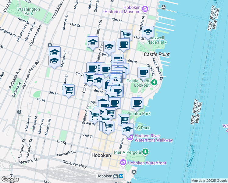 map of restaurants, bars, coffee shops, grocery stores, and more near 631 Bloomfield Street in Hoboken