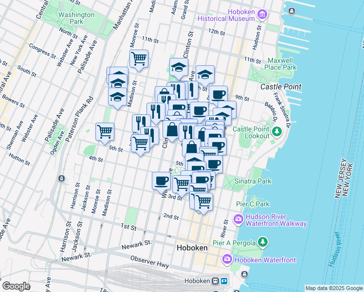 map of restaurants, bars, coffee shops, grocery stores, and more near in Hoboken