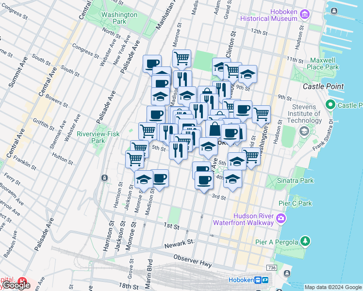 map of restaurants, bars, coffee shops, grocery stores, and more near 533 Adams Street in Hoboken