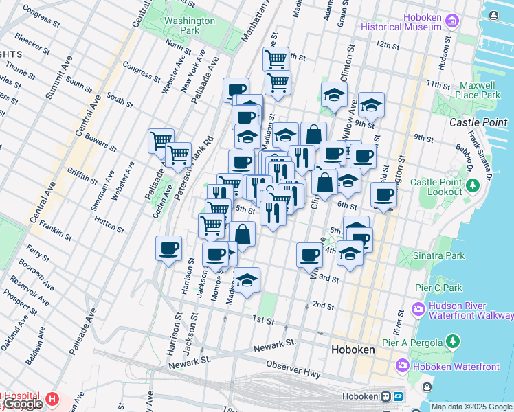map of restaurants, bars, coffee shops, grocery stores, and more near 525 Madison Street in Hoboken
