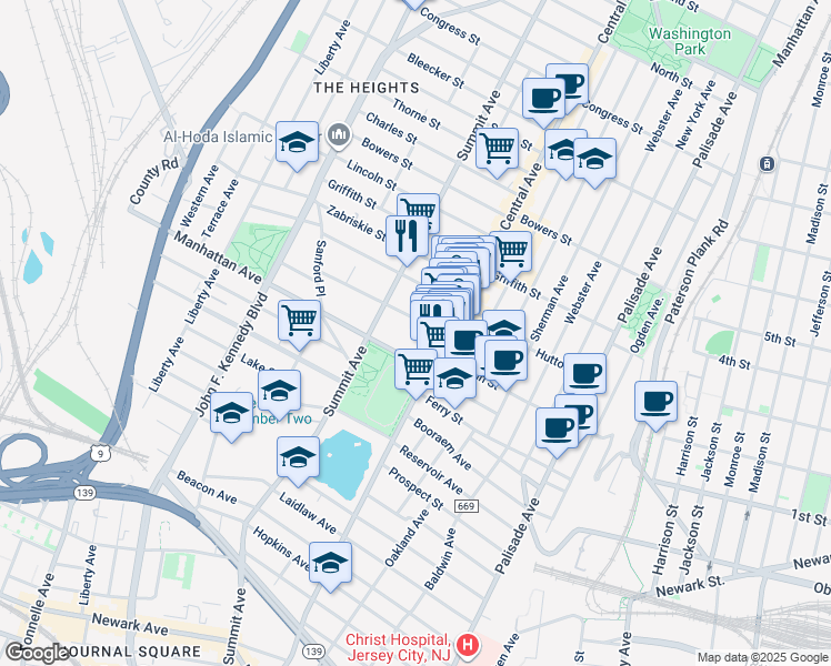 map of restaurants, bars, coffee shops, grocery stores, and more near 28 Sherman Place in Jersey City