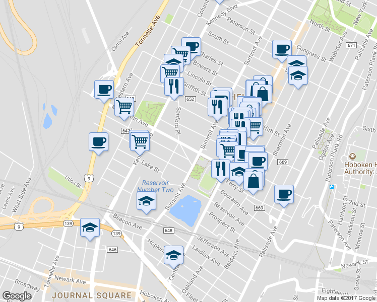 map of restaurants, bars, coffee shops, grocery stores, and more near 146 Manhattan Avenue in Jersey City