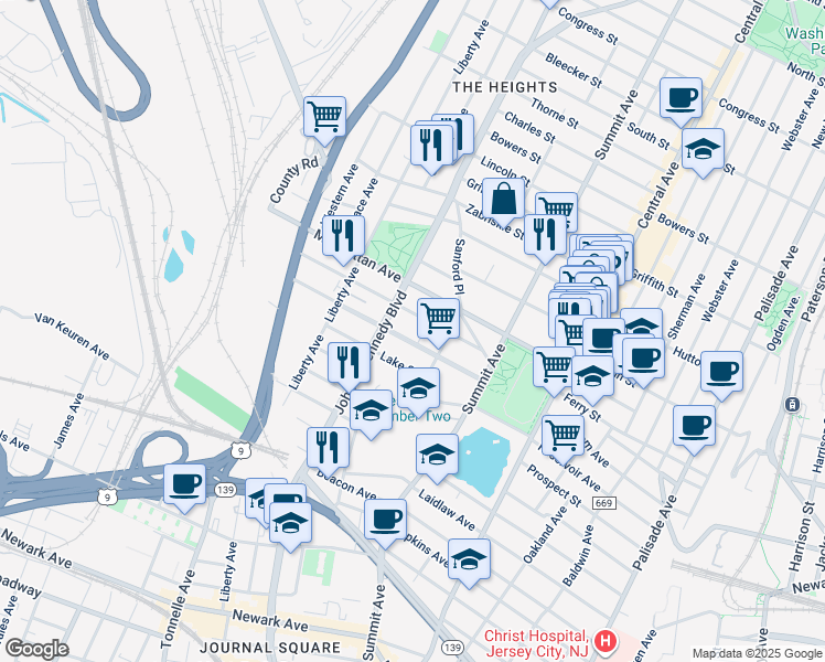 map of restaurants, bars, coffee shops, grocery stores, and more near 3284 John F. Kennedy Boulevard in Union City