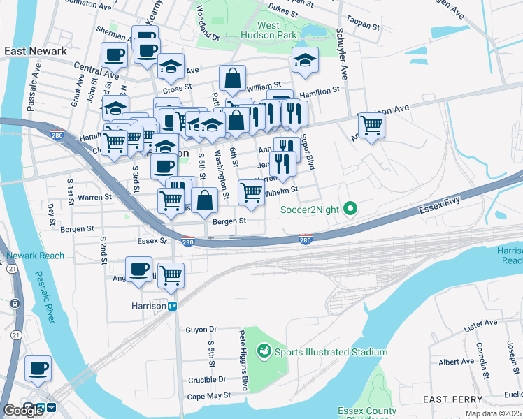 map of restaurants, bars, coffee shops, grocery stores, and more near 608 Wilhelm Street in Harrison