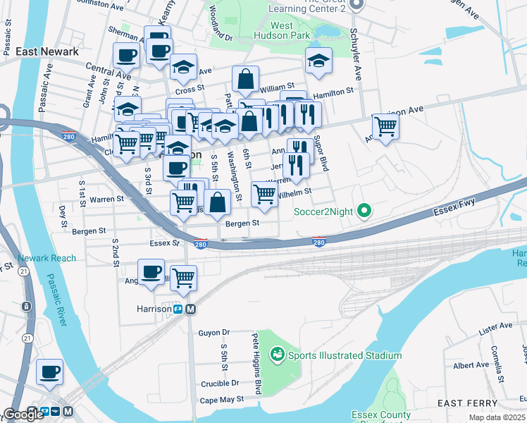 map of restaurants, bars, coffee shops, grocery stores, and more near 608 Wilhelm Street in Harrison