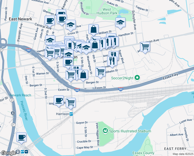 map of restaurants, bars, coffee shops, grocery stores, and more near 608 Wilhelm Street in Harrison