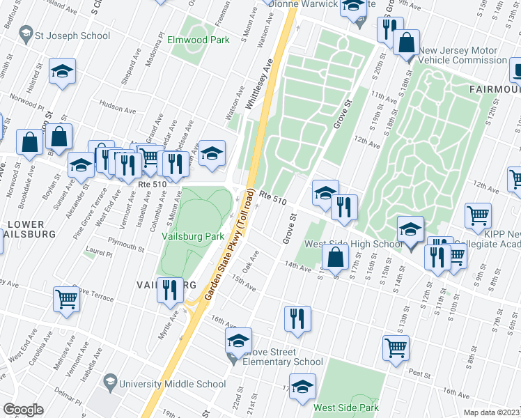 map of restaurants, bars, coffee shops, grocery stores, and more near 618 Route 510 in Newark