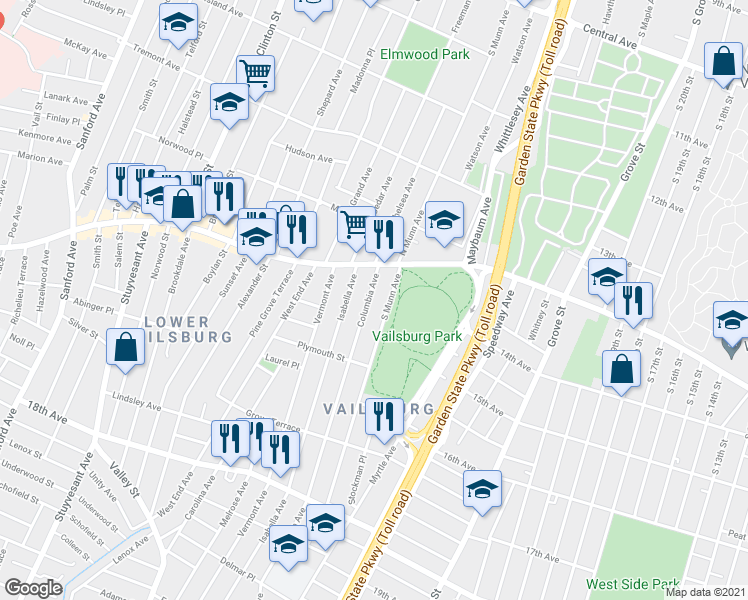 map of restaurants, bars, coffee shops, grocery stores, and more near 17 South Munn Avenue in Newark