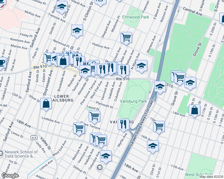map of restaurants, bars, coffee shops, grocery stores, and more near in Newark