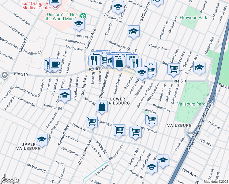 map of restaurants, bars, coffee shops, grocery stores, and more near 52 Brookdale Avenue in Newark