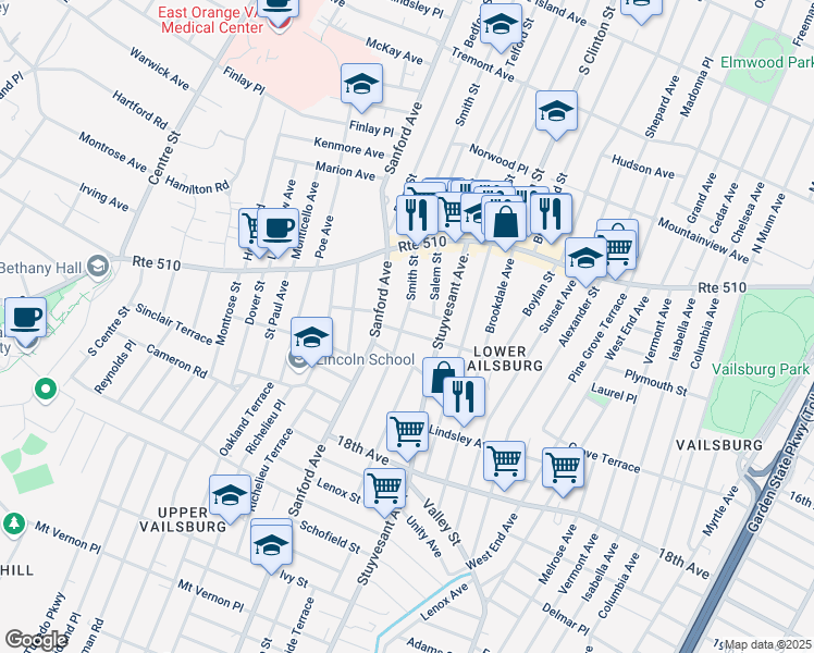 map of restaurants, bars, coffee shops, grocery stores, and more near 17 Rockland Terrace in Newark