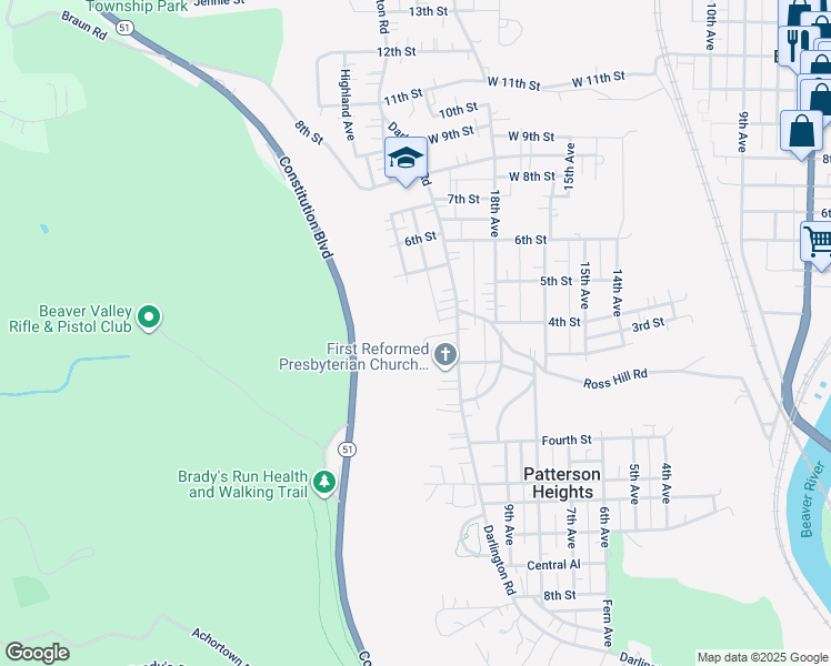 map of restaurants, bars, coffee shops, grocery stores, and more near 303 Wissner Avenue in Beaver Falls
