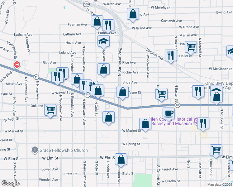 map of restaurants, bars, coffee shops, grocery stores, and more near 415 North Jameson Avenue in Lima